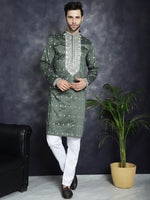 Thumbnail for Jompers Men's Chikankari Embroidered Kurta Pyjama Set - Olive - Distacart