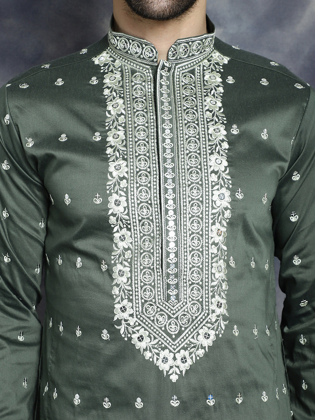 Jompers Men's Chikankari Embroidered Kurta Pyjama Set - Olive - Distacart
