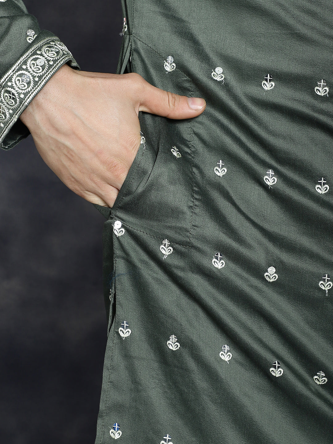 Jompers Men's Chikankari Embroidered Kurta Pyjama Set - Olive - Distacart