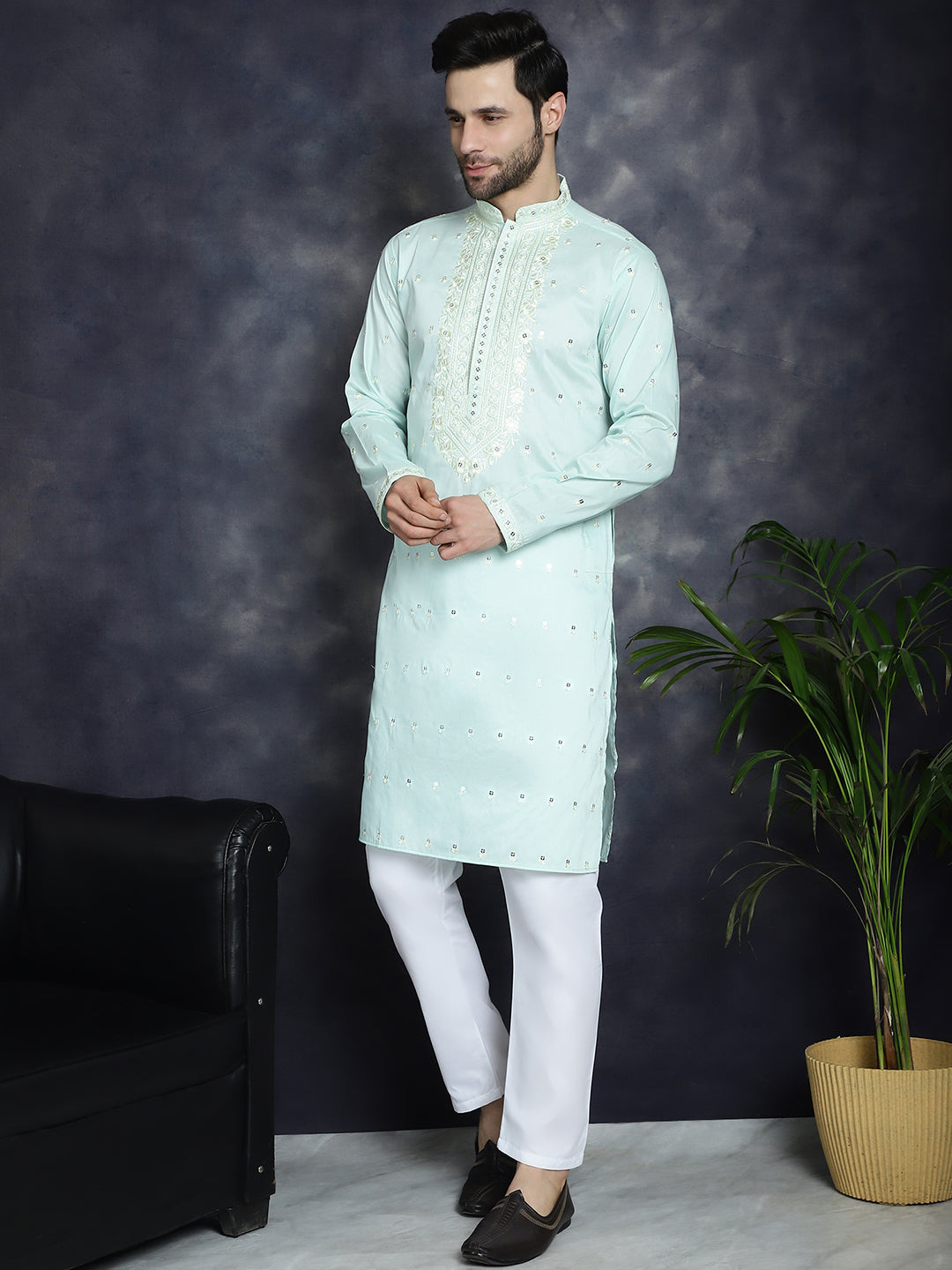 Jompers Men's Chikankari Embroidered Kurta Pyjama Set - Sky Blue - Distacart