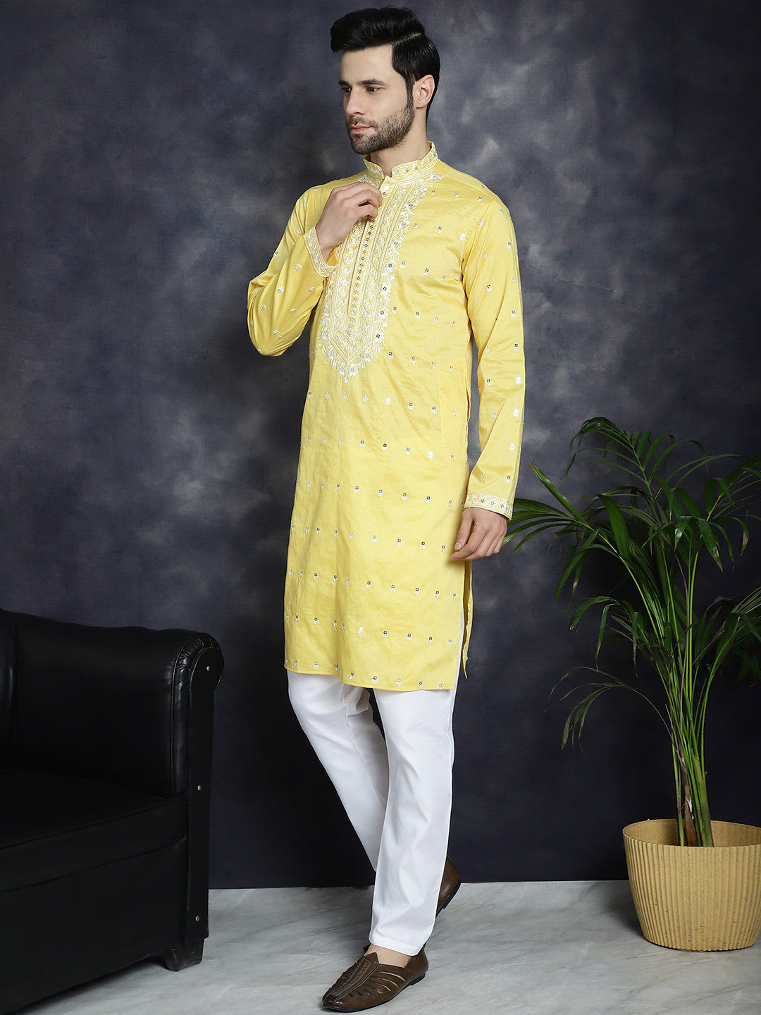 Jompers Men's Chikankari Embroidered Kurta Pyjama Set - Yellow - Distacart