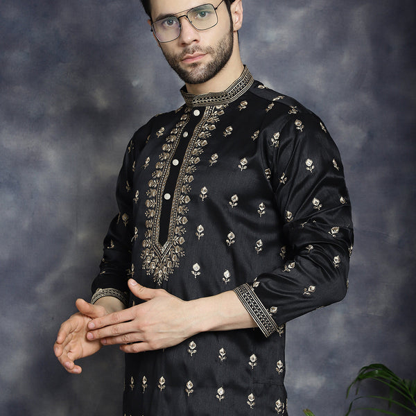 Jompers Men's Black Chikankari Embroidered Kurta With Pyjama - Distacart