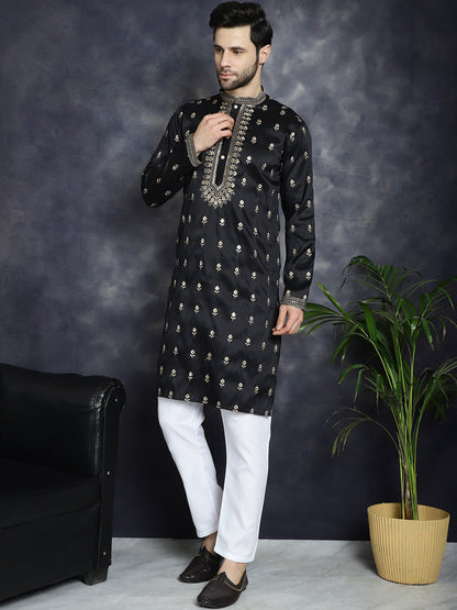 Jompers Men's Black Chikankari Embroidered Kurta With Pyjama - Distacart