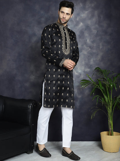 Jompers Men's Black Chikankari Embroidered Kurta With Pyjama - Distacart