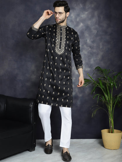 Jompers Men's Black Chikankari Embroidered Kurta With Pyjama - Distacart