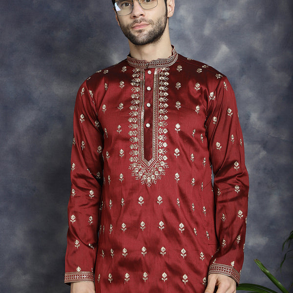 Jompers Men's Maroon Chikankari Embroidered Kurta With Pyjama - Distacart