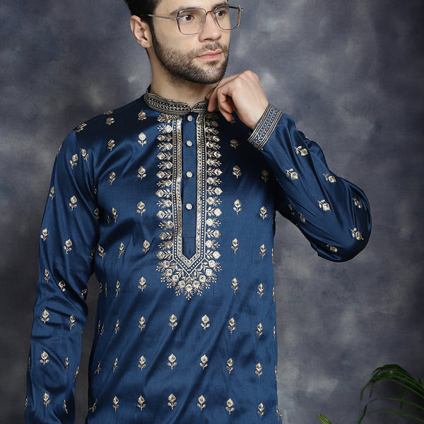 Jompers Men's Navy Blue Chikankari Embroidered Kurta With Pyjama - Distacart