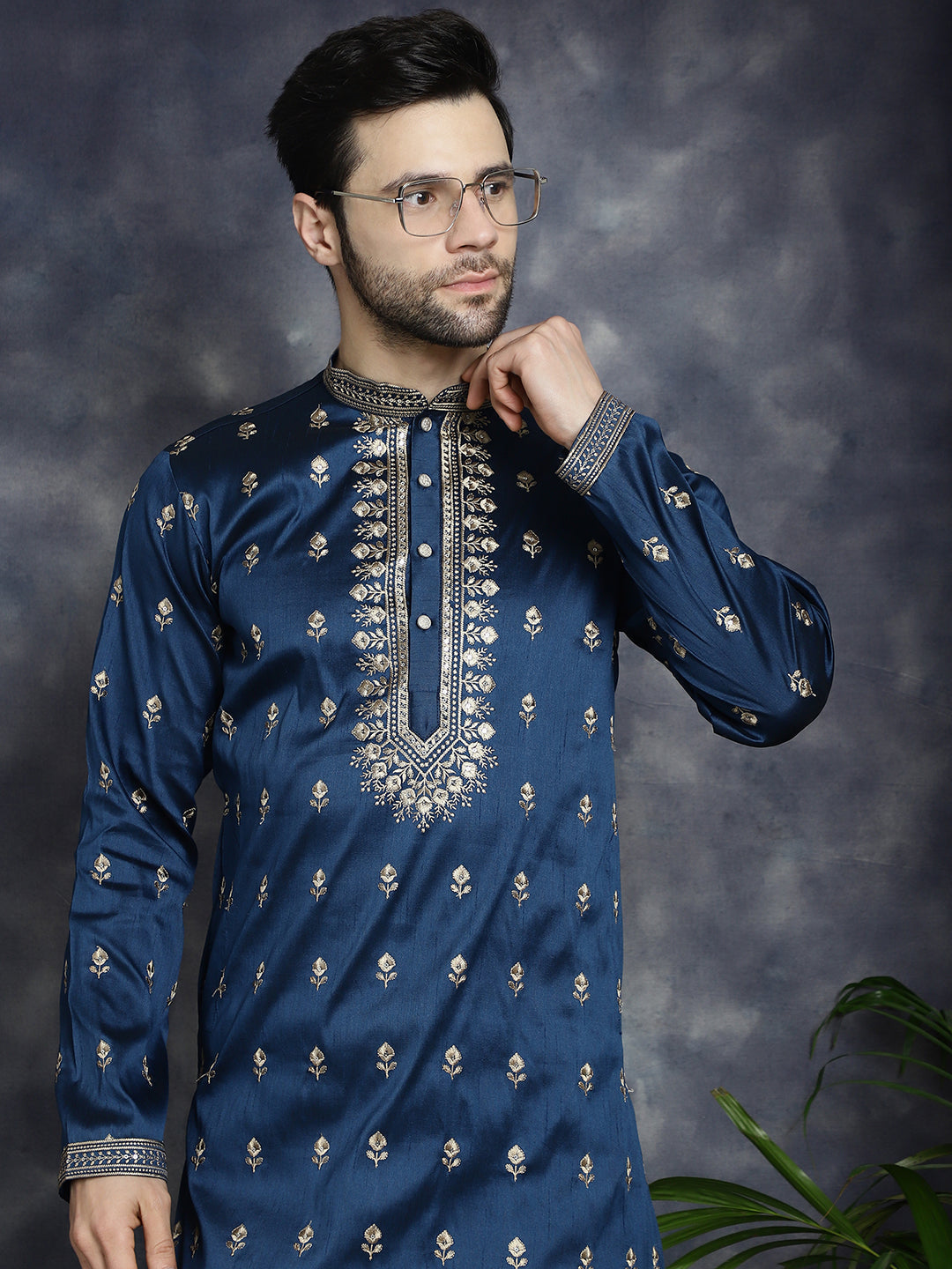 Jompers Men's Navy Blue Chikankari Embroidered Kurta With Pyjama - Distacart