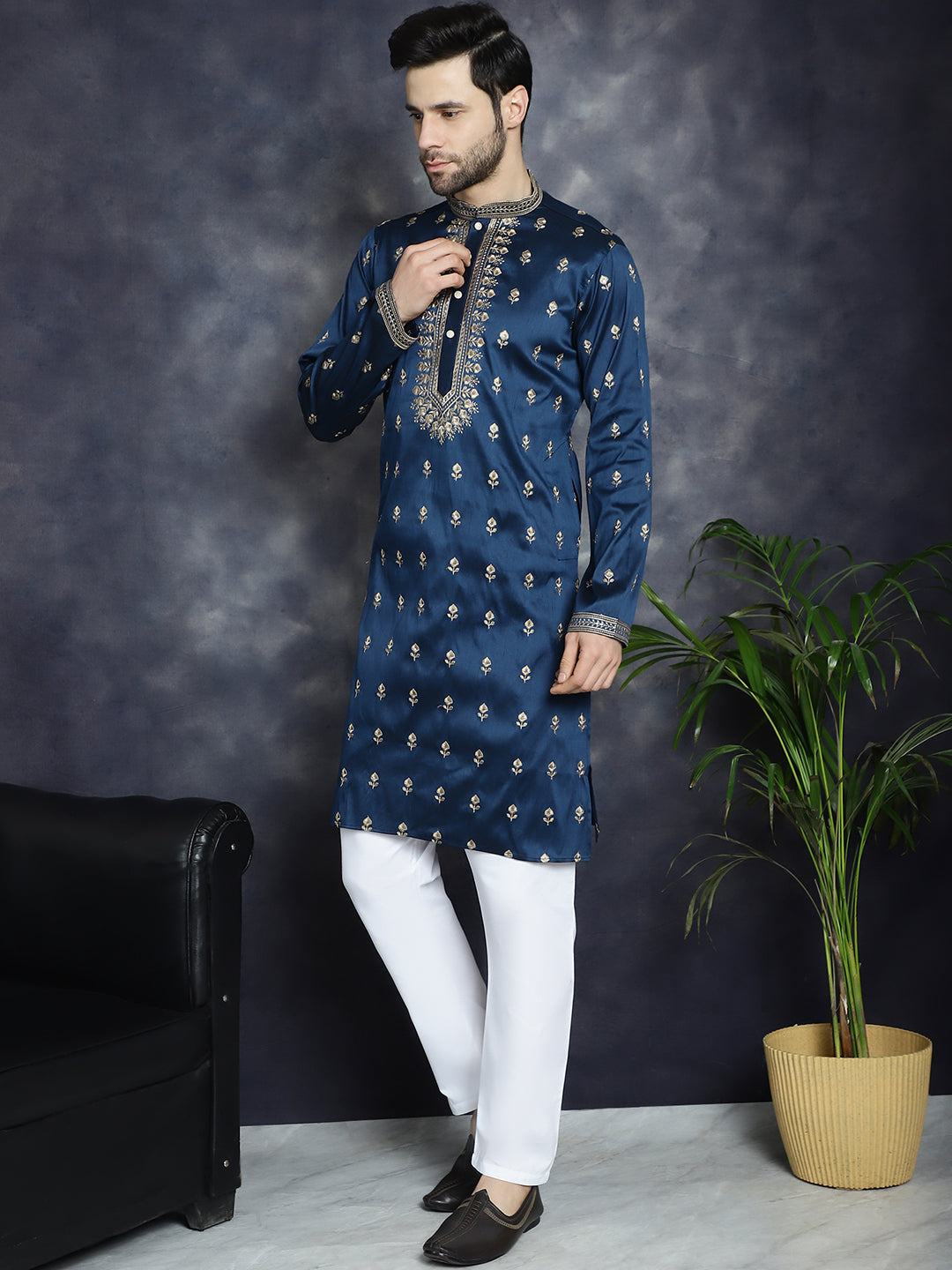Jompers Men's Navy Blue Chikankari Embroidered Kurta With Pyjama - Distacart