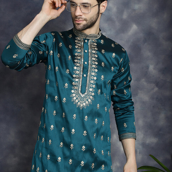Jompers Men's Peacock Blue Chikankari Embroidered Kurta With Pyjama - Distacart