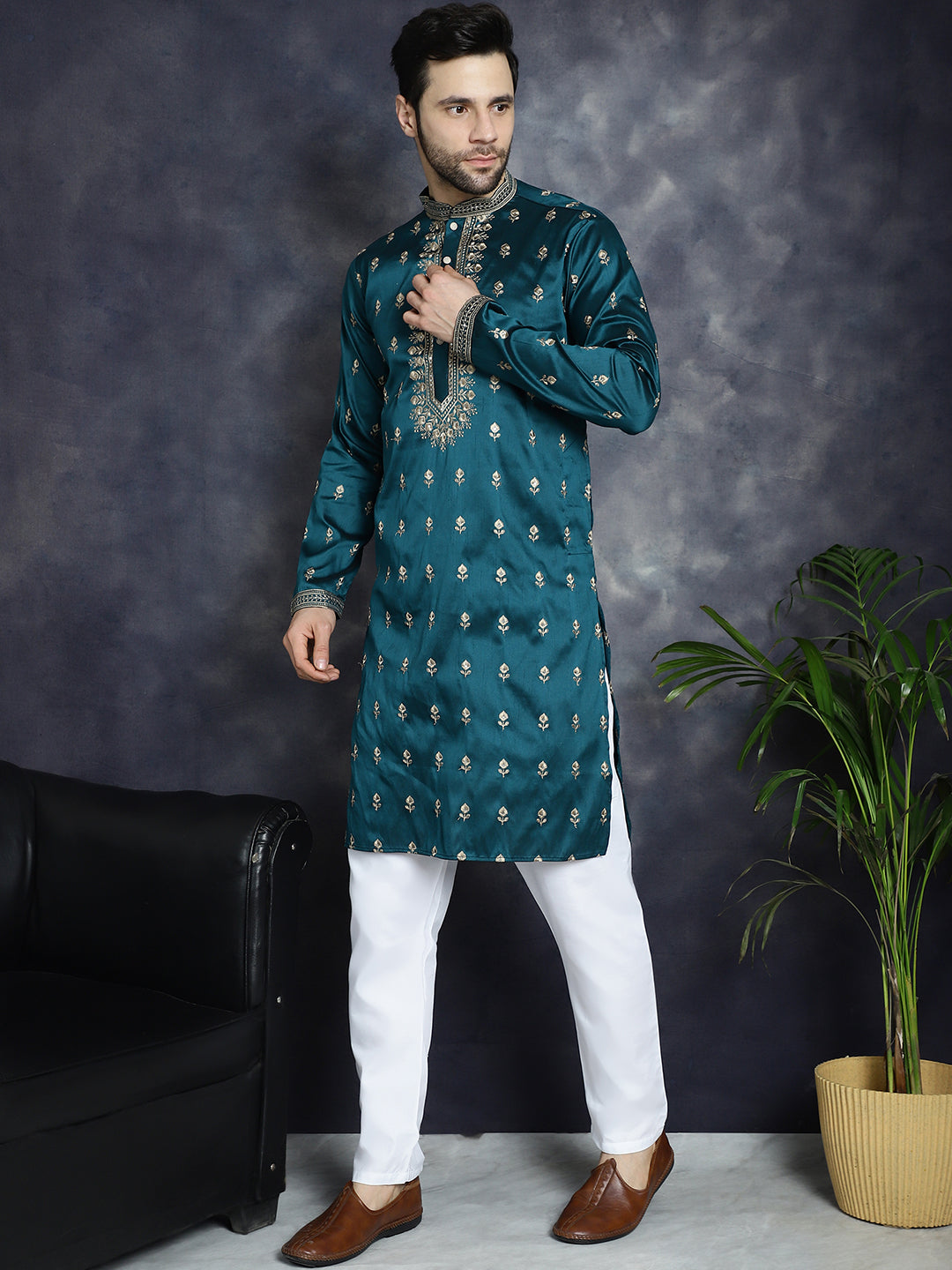 Jompers Men's Peacock Blue Chikankari Embroidered Kurta With Pyjama - Distacart