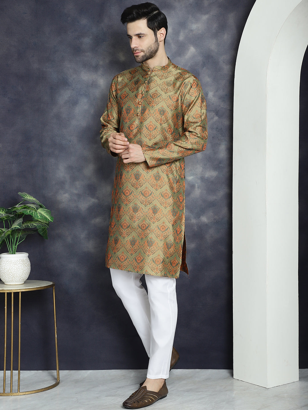 Jompers Men's Golden Silk Blend Straight Kurta Pyjama Set - Distacart