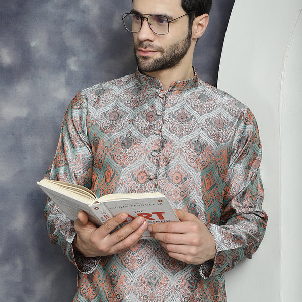 Jompers Men's Silver Silk Blend Straight Kurta Pyjama Set - Distacart