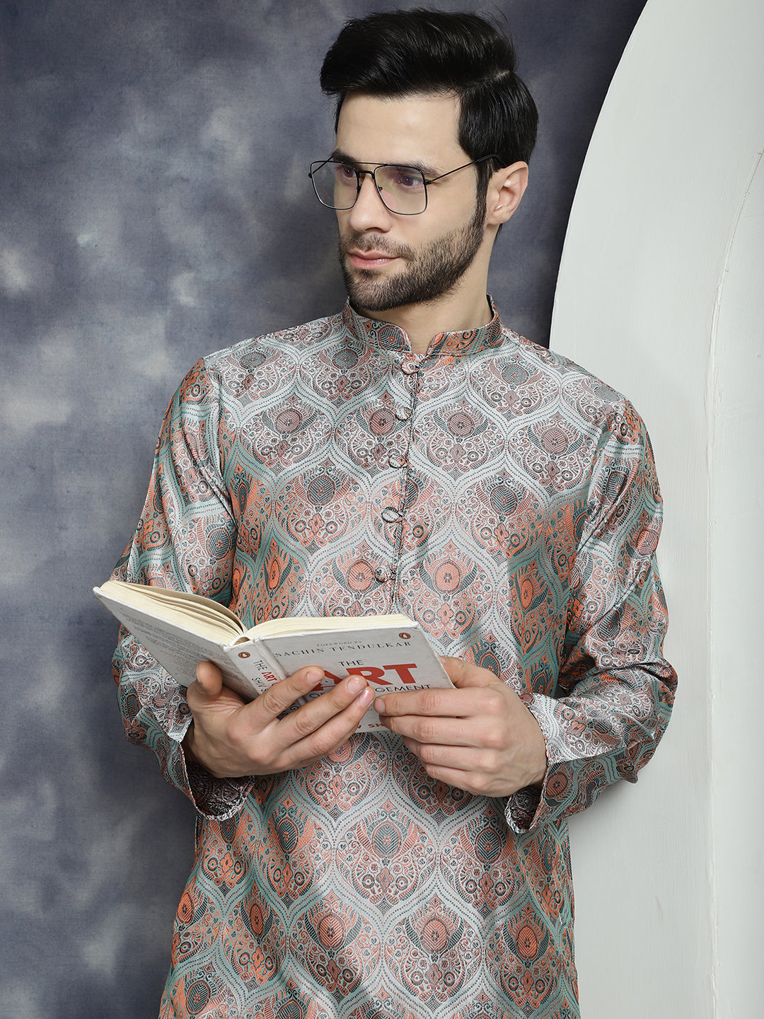 Jompers Men's Silver Silk Blend Straight Kurta Pyjama Set - Distacart