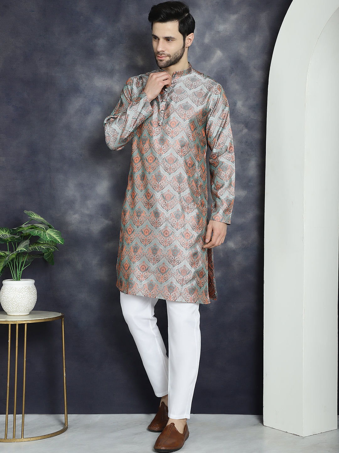 Jompers Men's Silver Silk Blend Straight Kurta Pyjama Set - Distacart