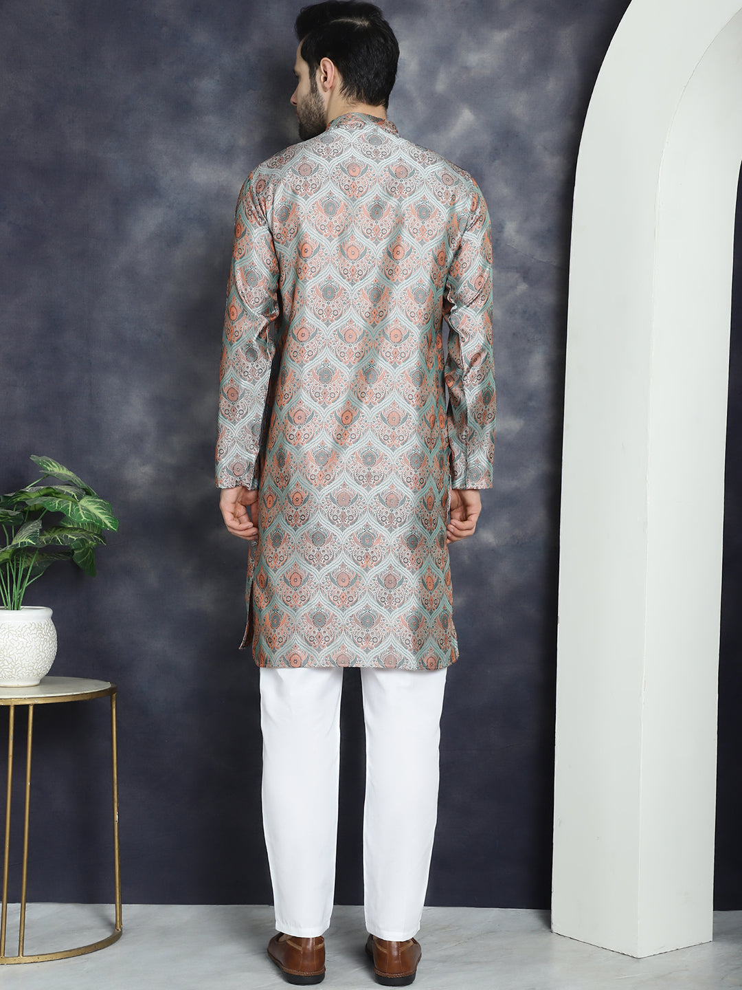 Jompers Men's Silver Silk Blend Straight Kurta Pyjama Set - Distacart