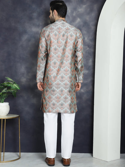 Jompers Men's Silver Silk Blend Straight Kurta Pyjama Set - Distacart