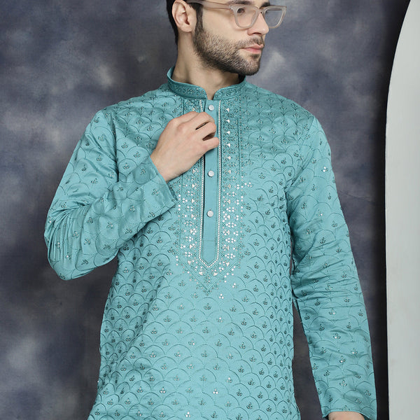 Jompers Men's Sequins Embroidered Kurta With Pyjama - Blue - Distacart
