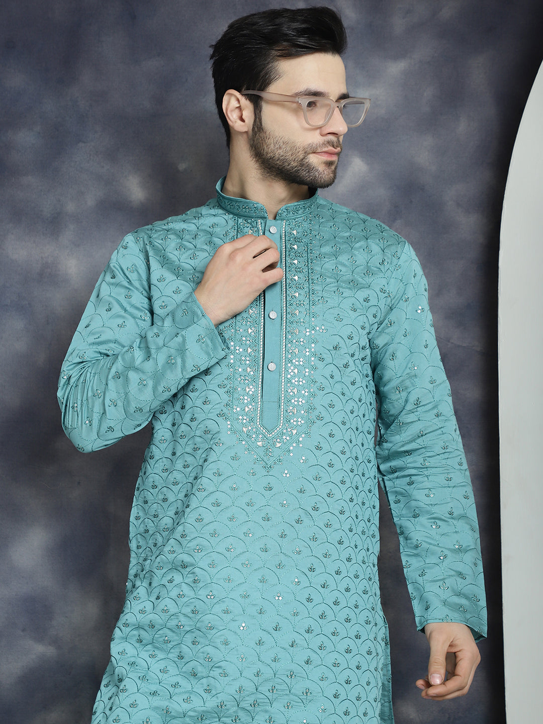 Jompers Men's Sequins Embroidered Kurta With Pyjama - Blue - Distacart
