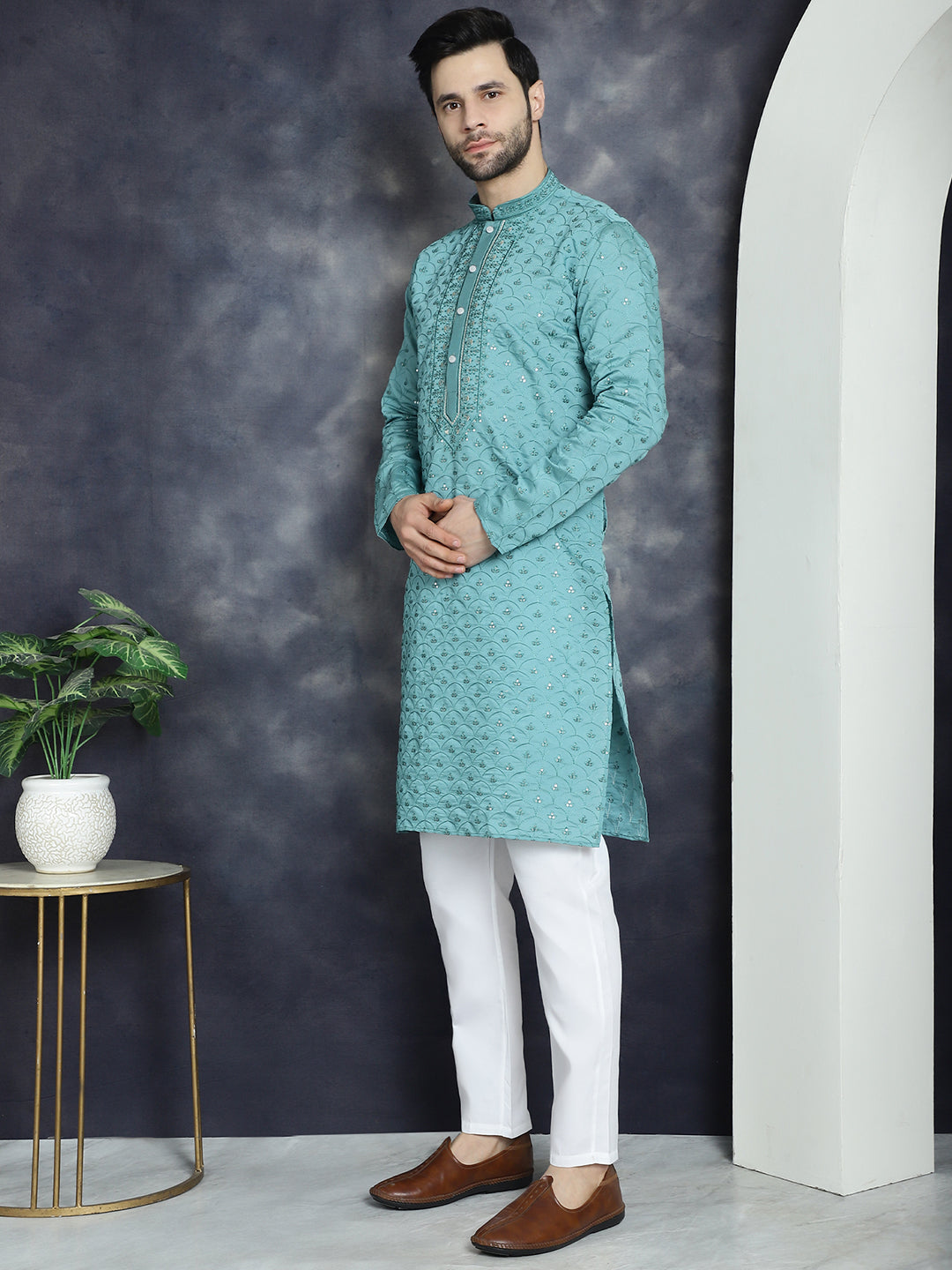 Jompers Men's Sequins Embroidered Kurta With Pyjama - Blue - Distacart