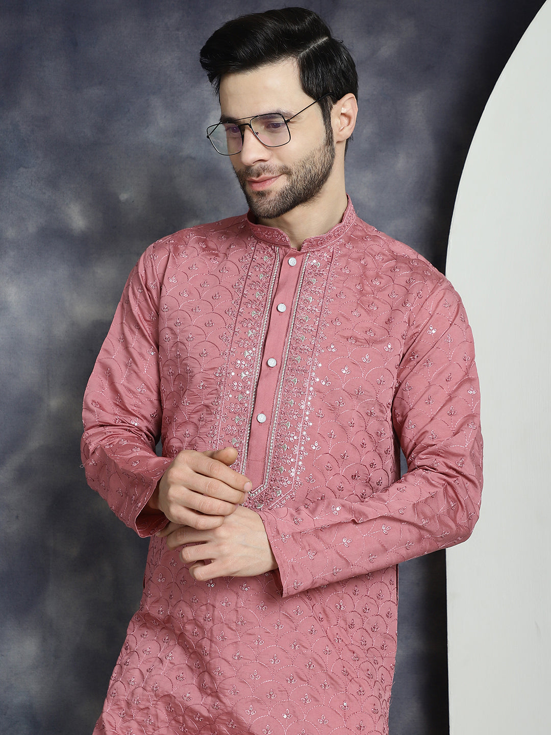 Jompers Men's Sequins Embroidered Kurta With Pyjama - Coral - Distacart