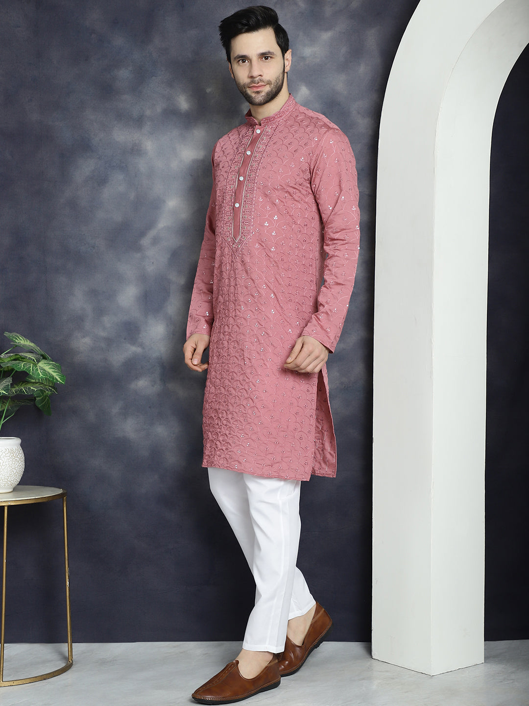 Jompers Men's Sequins Embroidered Kurta With Pyjama - Coral - Distacart