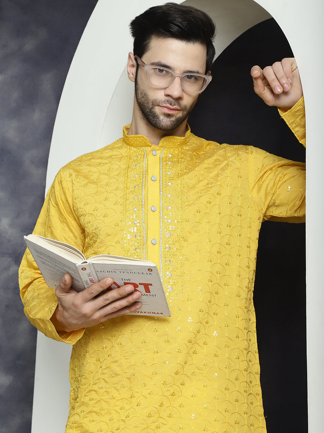 Jompers Men's Sequins Embroidered Kurta With Pyjama - Mustard - Distacart