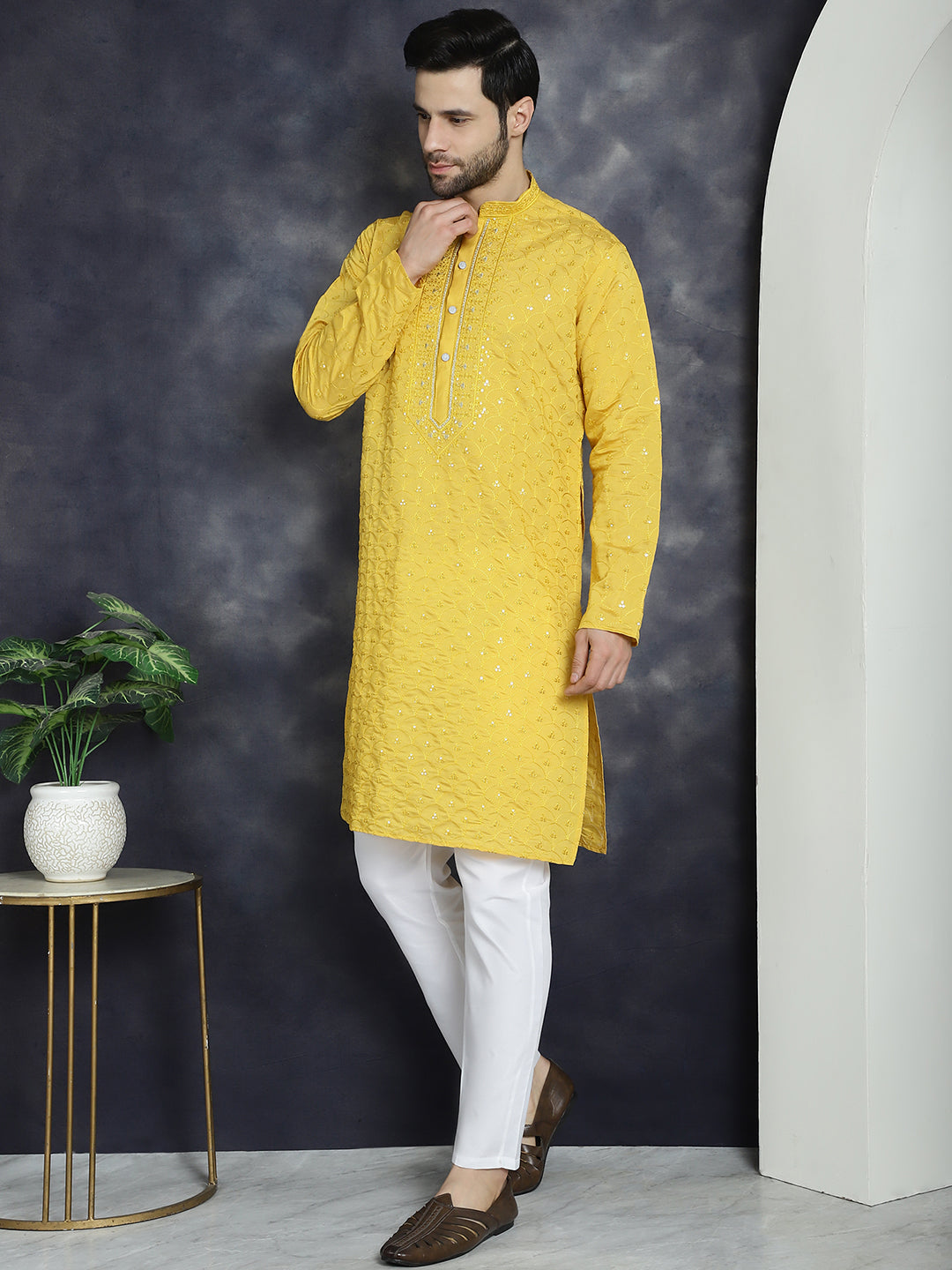 Jompers Men's Sequins Embroidered Kurta With Pyjama - Mustard - Distacart