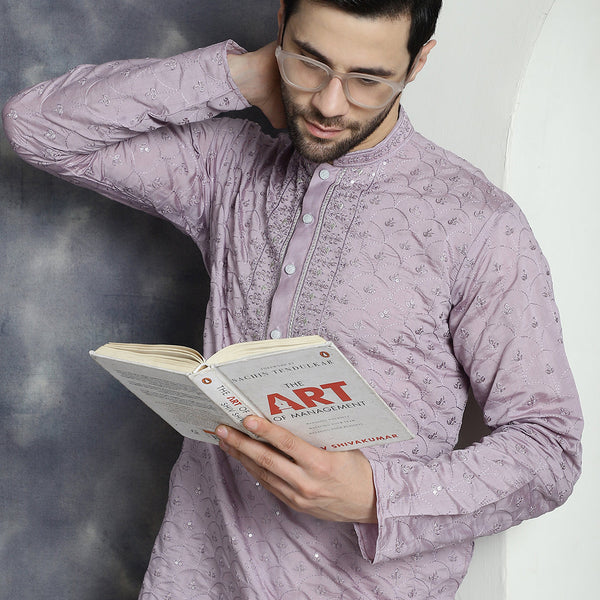 Jompers Men's Sequins Embroidered Kurta With Pyjama - Purple - Distacart