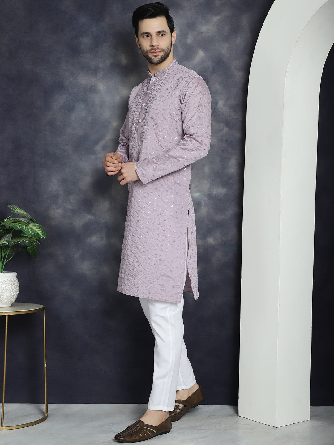 Jompers Men's Sequins Embroidered Kurta With Pyjama - Purple - Distacart