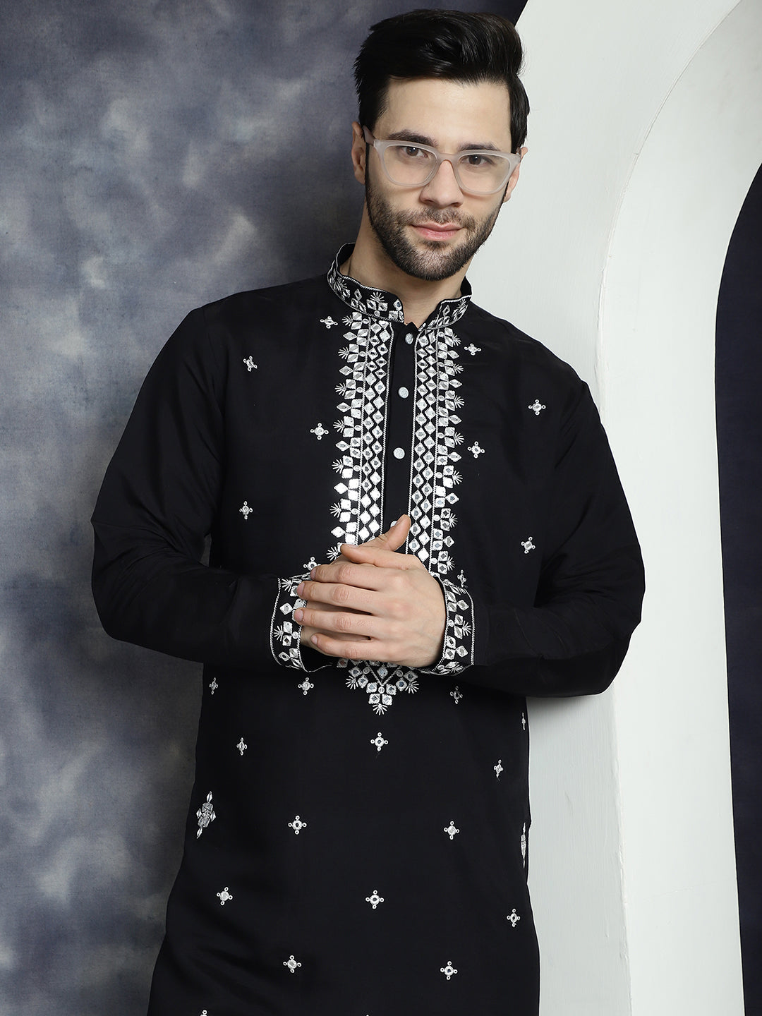 Jompers Men's Embroidered Kurta With Pyjama - Black - Distacart