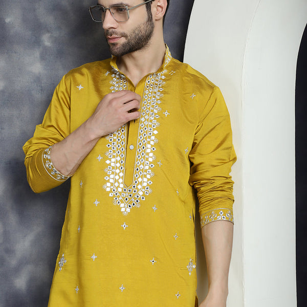 Jompers Men's Embroidered Kurta With Pyjama - Mustard - Distacart