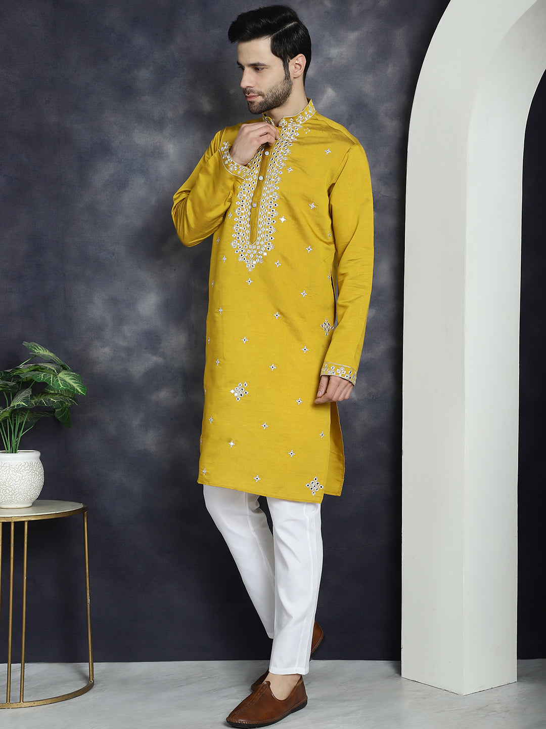 Jompers Men's Embroidered Kurta With Pyjama - Mustard - Distacart