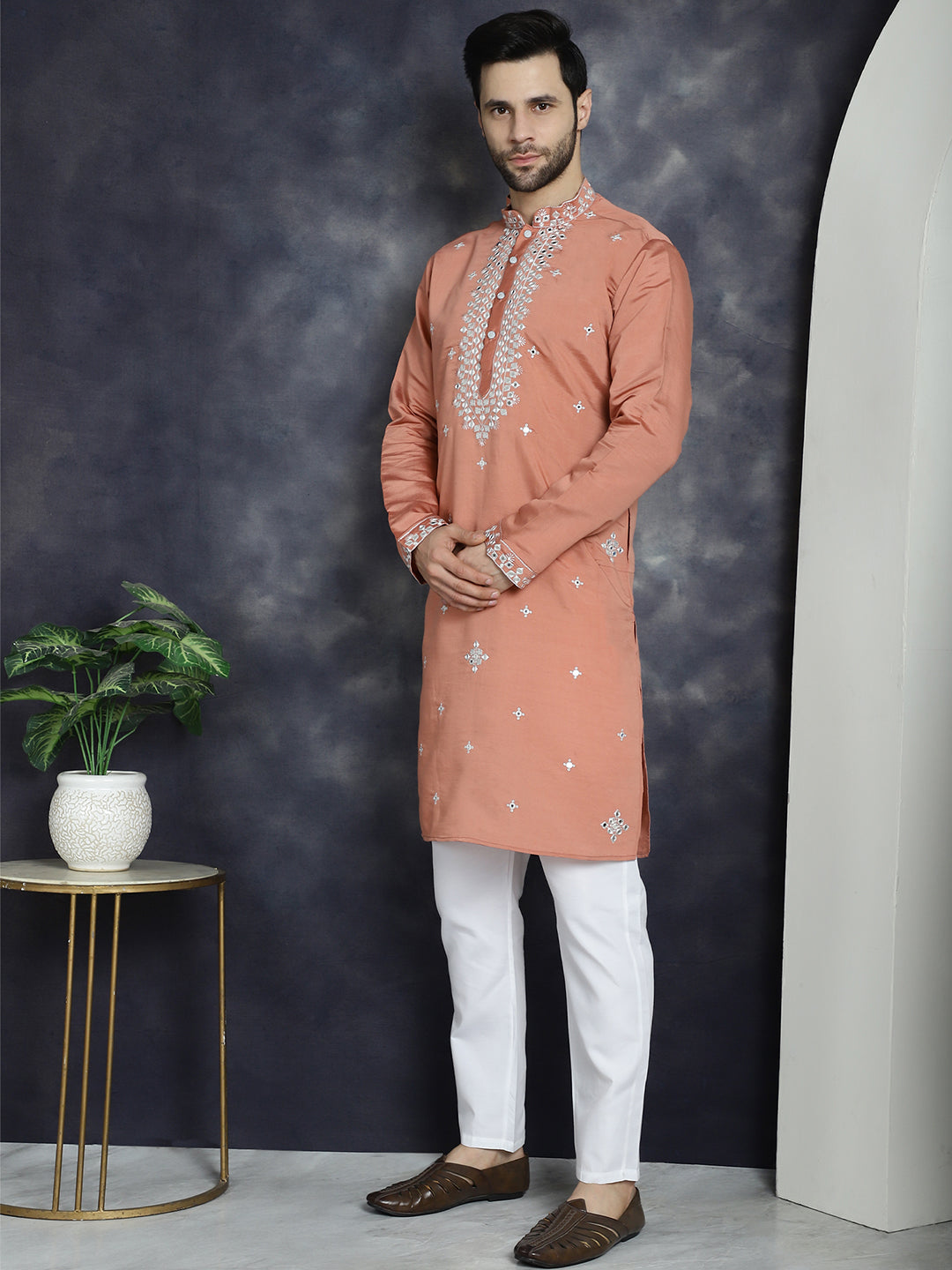 Jompers Men's Embroidered Kurta With Pyjama - Peach - Distacart