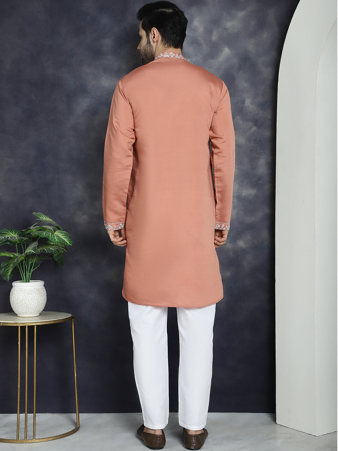 Jompers Men's Embroidered Kurta With Pyjama - Peach - Distacart