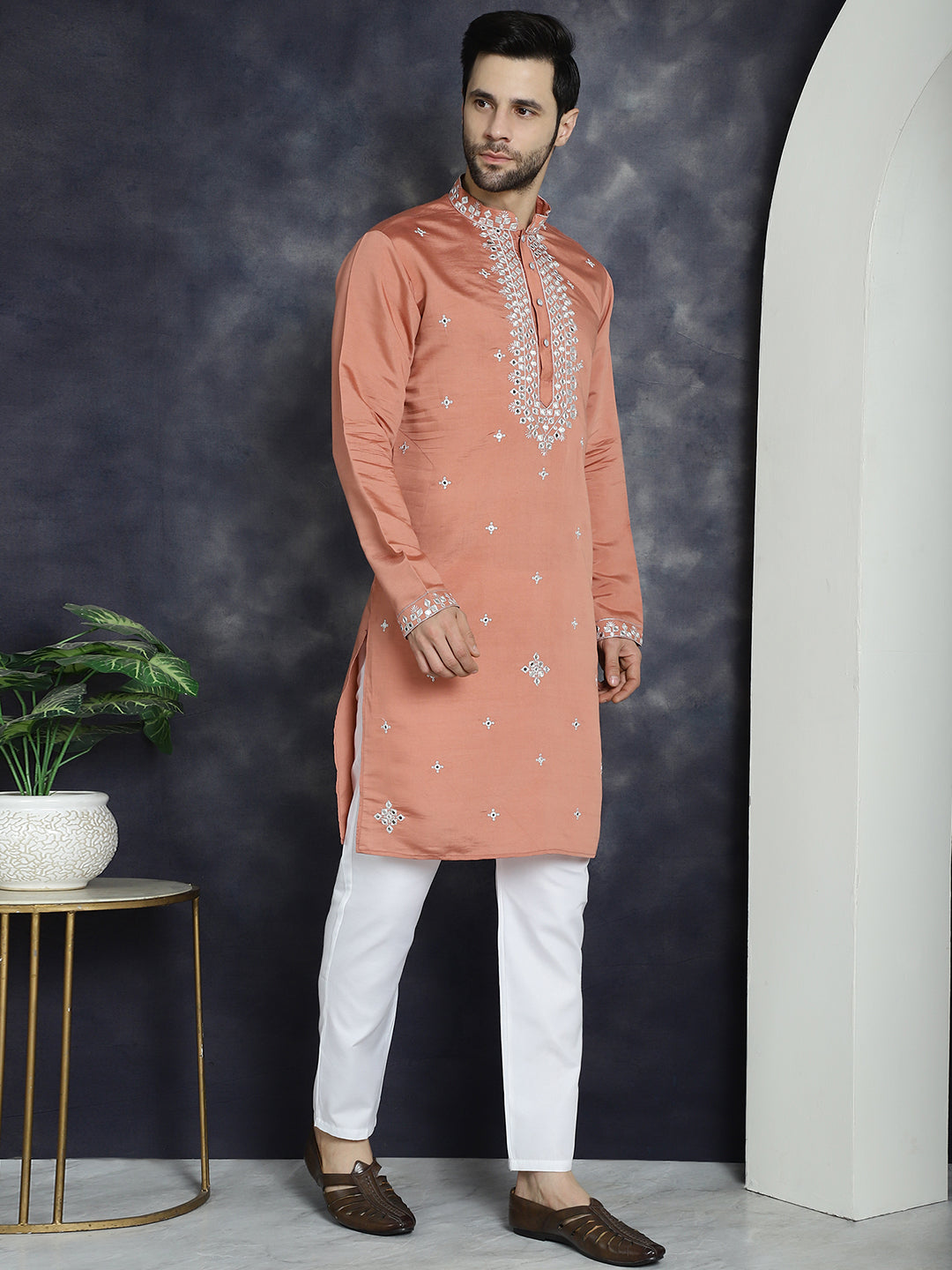 Jompers Men's Embroidered Kurta With Pyjama - Peach - Distacart