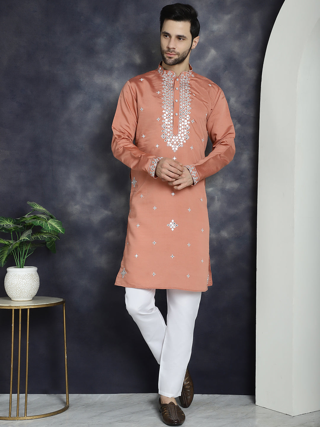 Jompers Men's Embroidered Kurta With Pyjama - Peach - Distacart