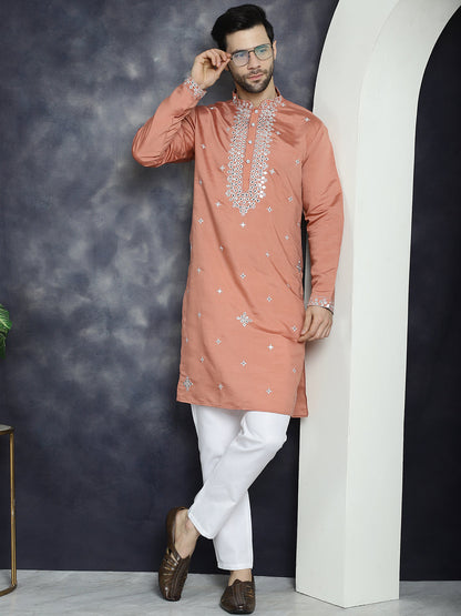 Jompers Men's Embroidered Kurta With Pyjama - Peach - Distacart