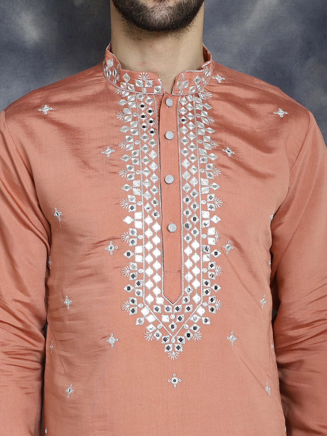 Jompers Men's Embroidered Kurta With Pyjama - Peach - Distacart