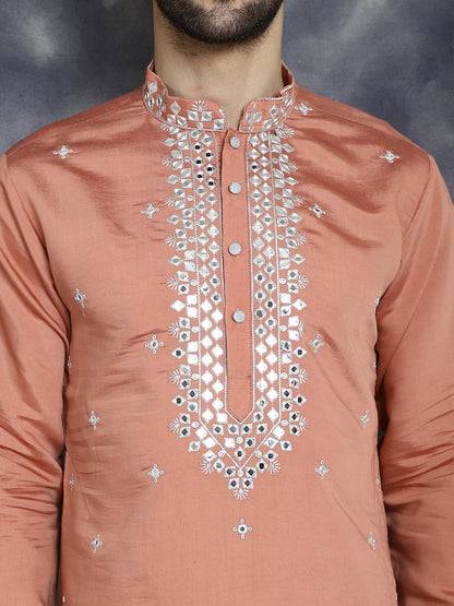 Jompers Men's Embroidered Kurta With Pyjama - Peach - Distacart