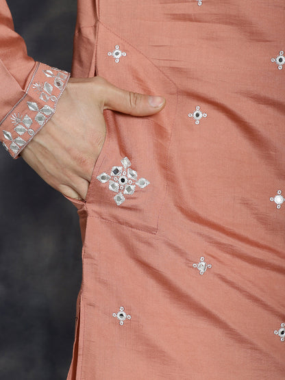 Jompers Men's Embroidered Kurta With Pyjama - Peach - Distacart