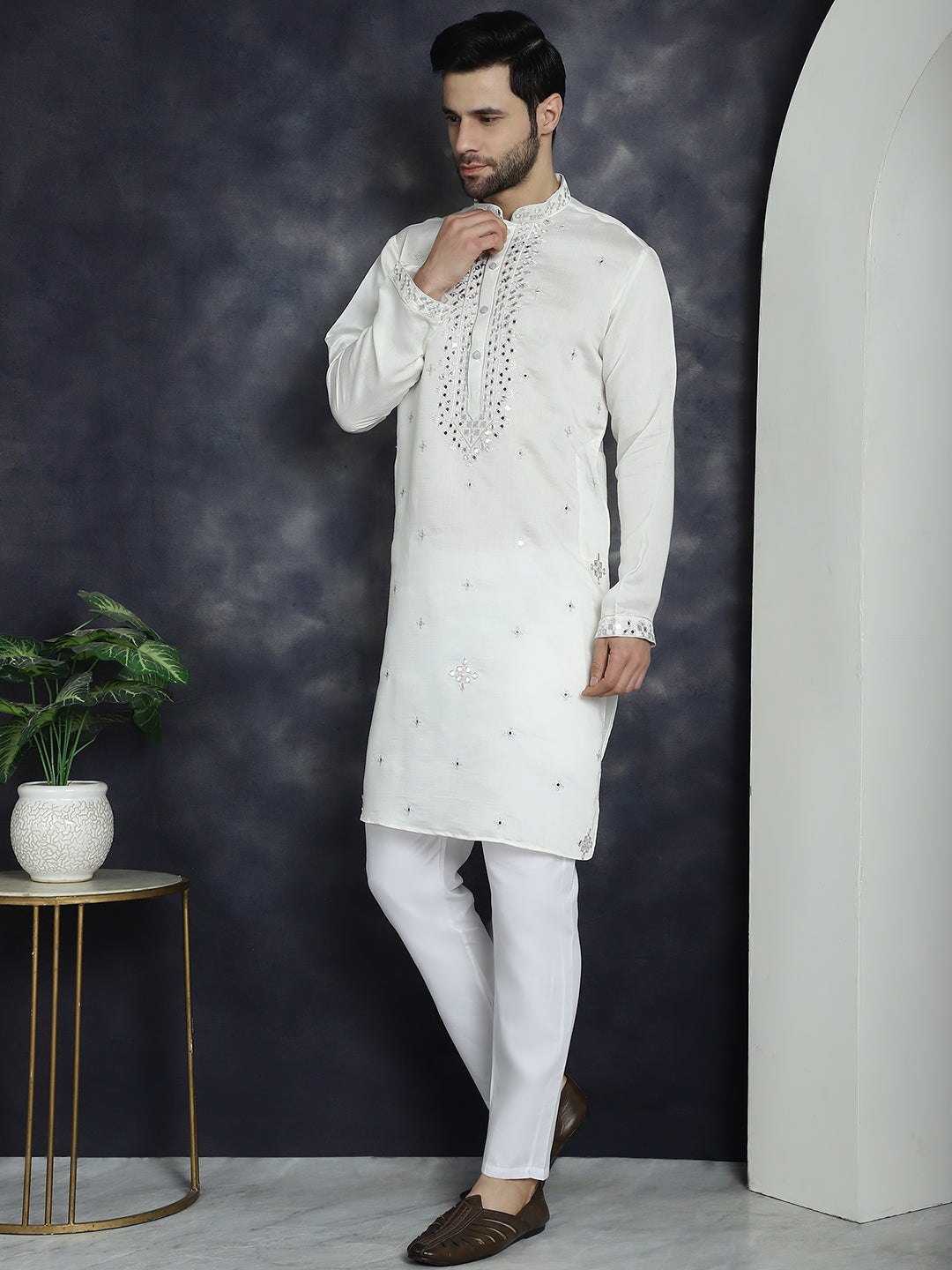 Jompers Men's Embroidered Kurta With Pyjama - White - Distacart
