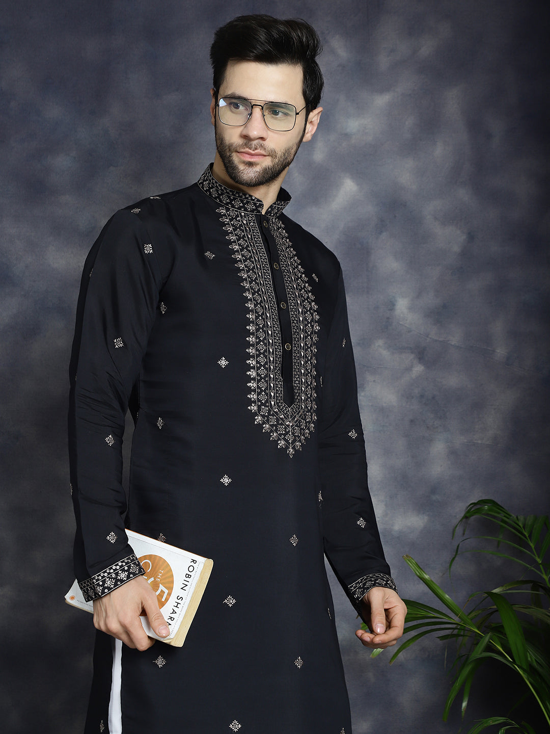 Jompers Men's Sequins Embroidered Kurta With Pyjama - Black - Distacart