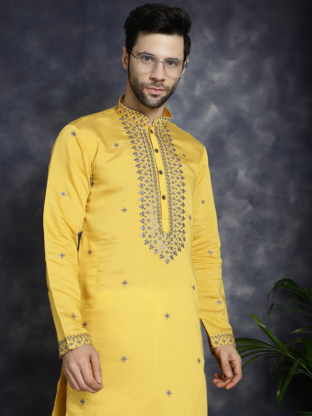 Jompers Men's Sequins Embroidered Kurta With Pyjama - Yellow - Distacart