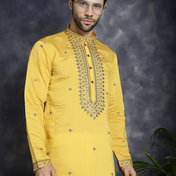Jompers Men's Sequins Embroidered Kurta With Pyjama - Yellow - Distacart