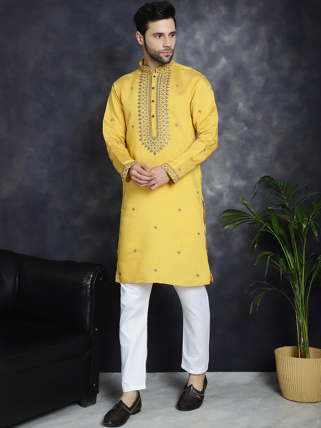 Jompers Men's Sequins Embroidered Kurta With Pyjama - Yellow - Distacart