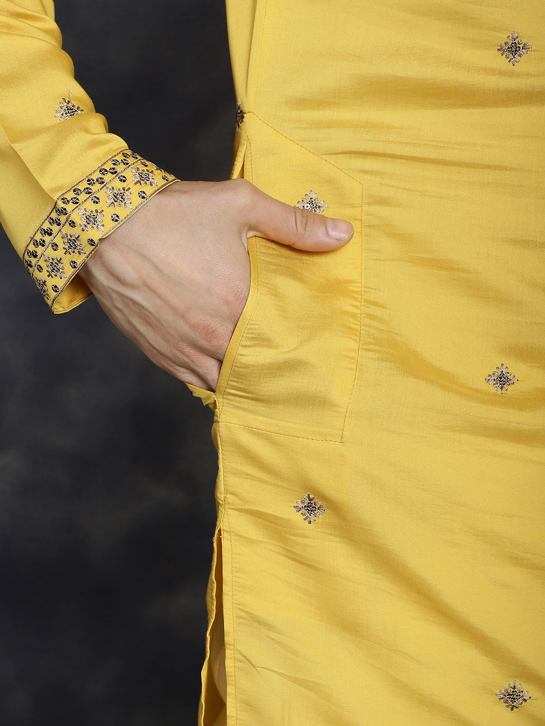 Jompers Men's Sequins Embroidered Kurta With Pyjama - Yellow - Distacart