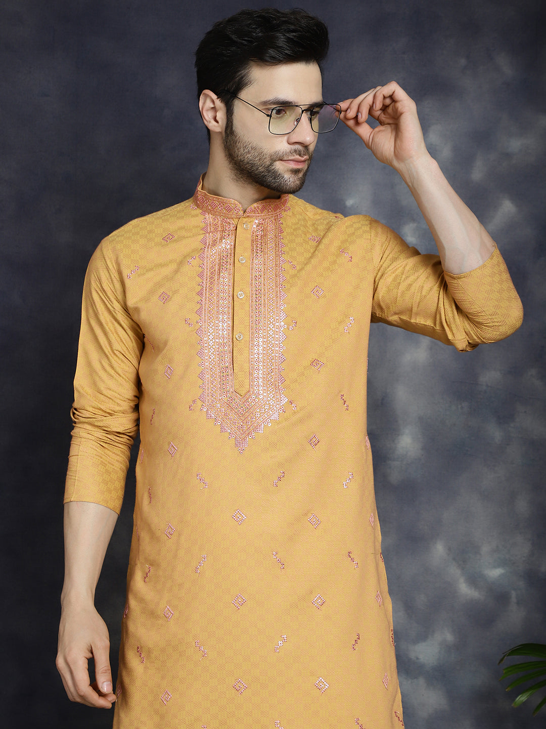 Jompers Men's Sequins Embroidered Kurta With Pyjama - Orange - Distacart