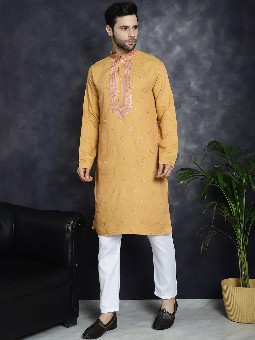 Jompers Men's Sequins Embroidered Kurta With Pyjama - Orange - Distacart