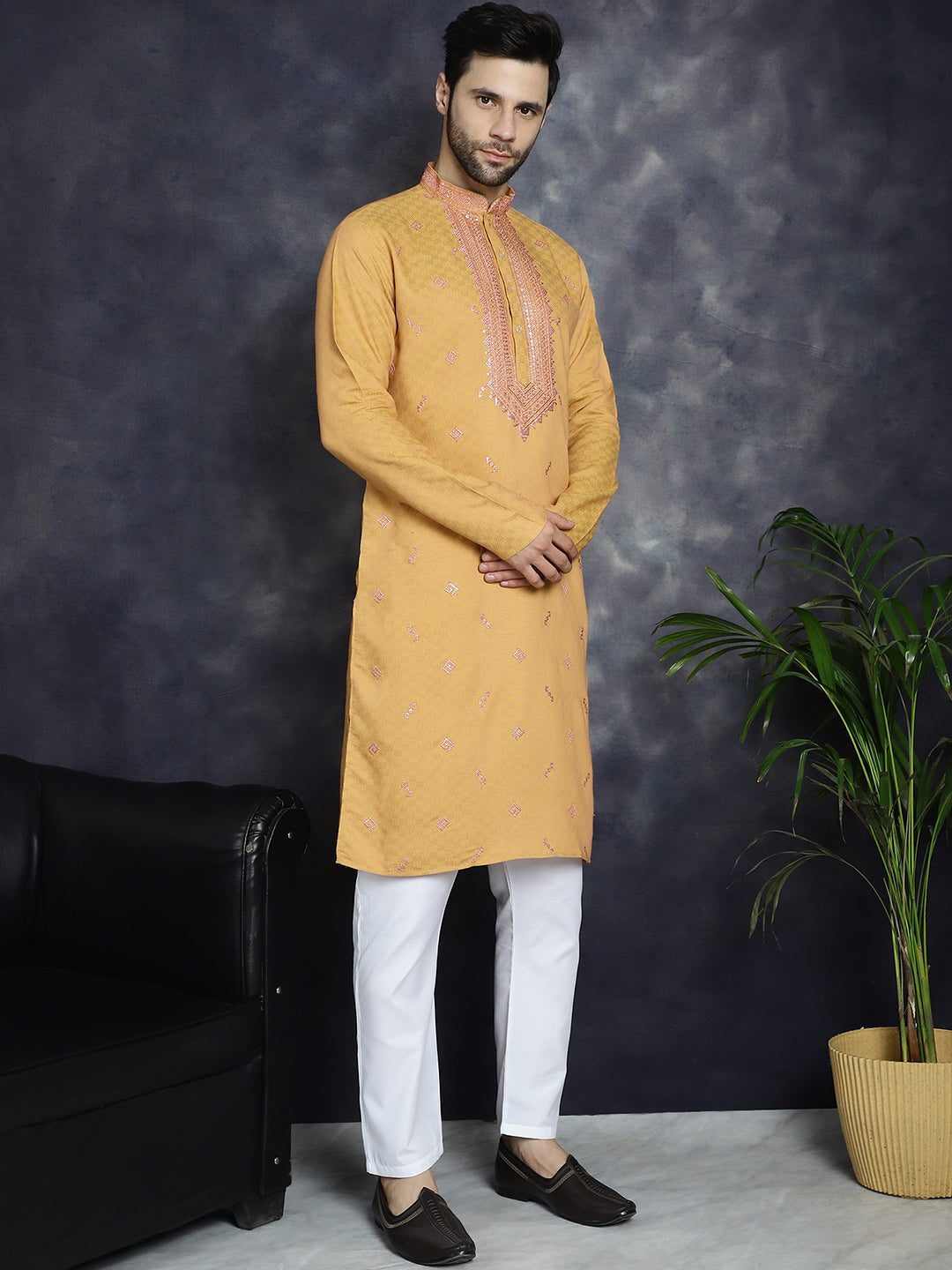 Jompers Men's Sequins Embroidered Kurta With Pyjama - Orange - Distacart